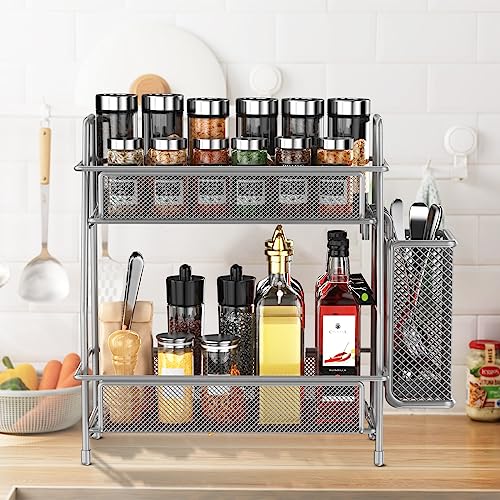 LEMIKKLE Spice Rack Organizer for Kitchen Counter, Spices Organizer and Storage Seasoning Organizer for Cabinet, Kitchen Metal Countertop Organizer with Side Basket (Grey) - color: Grey (Size: 7" x 12" x 13")