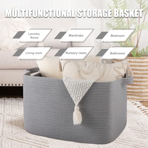95L Cotton Rope Large Blanket Basket (24" x 16.9" x 14.2") for Living Room, Kids Room & Laundry, Storage Basket with Handle for Organizing Blankets, Pillows, Clothes & Toys, Light Grey - color: Light Grey, size: 24"x16.9"x14.2"