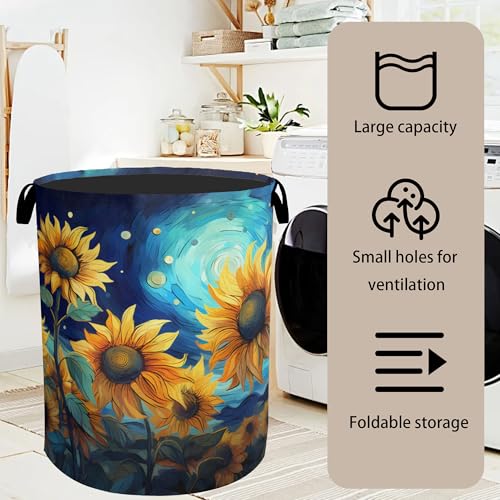 Starry Sky Sunflower Laundry Basket - Heavy Duty 60L Dirty Clothes Organizer, Water Resistant Foldable Hamper for Men Women - color: Starry Sky Sunflower