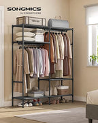 SONGMICS Heavy Duty Clothes Rack, 65 Inch Freestanding Portable Wardrobe with Hanging Rails and Shelves, Total Load 242 lb, Easy Assembly, for Cloakroom, Bedroom, Black URDR201B02 - size: 65"L x 17.7"W x 74.8"H