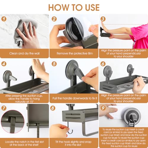 Shower Caddy Suction Cup, 11.8 inch Suction Shower Shelf with Hooks NO-Drilling Bathroom Holder, Rustproof Bathroom Organizer, Dark Grey - size: 11.8 inches