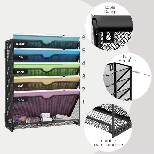 Hanging Wall File Organizer 6-Tier Wall Mount Mail Organizer & Desk Paper Organizer, Sleek Black Metal File Folder Holder for Office, Cubicle, Bedroom | All-in-One Document Storage Shelf - color: Black-1pack