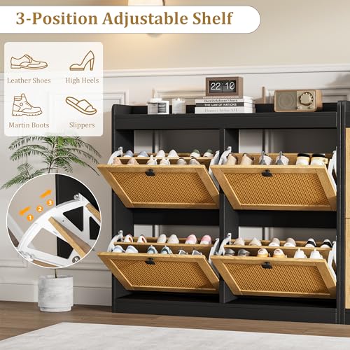 GarveeHome Shoe Cabinet Rattan with 4 Flip Drawers, Wooden Freestanding Shoe Organizer with Adjustable Shelves, Shoe Storage for Entryway, Closet, Hallway - color: Black, size: 4-Drawers
