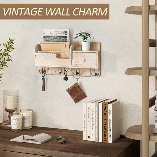 Rebee Vision Pine Wood Key Holder Wall Mount with Mail Sorter - Decorative Entryway Mail Organizer Wall Mounted with Key Hooks and Drawer Organizer - Home Essentials for Room Decor (Natural Wood) - color: Natural