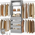 Aheaplus Closet System, 4-9Ft Closet Organizer with 4 Wooden Drawers, Wood Closet Organizer System with Tower, Walk-in Closet Organizer Wardrobe Garment Clothes Rack with 4 Hanging Rods, Grey - color: Grey