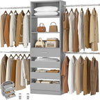 Aheaplus Closet System, 4-9Ft Closet Organizer with 4 Wooden Drawers, Wood Closet Organizer System with Tower, Walk-in Closet Organizer Wardrobe Garment Clothes Rack with 4 Hanging Rods, Grey - color: Grey