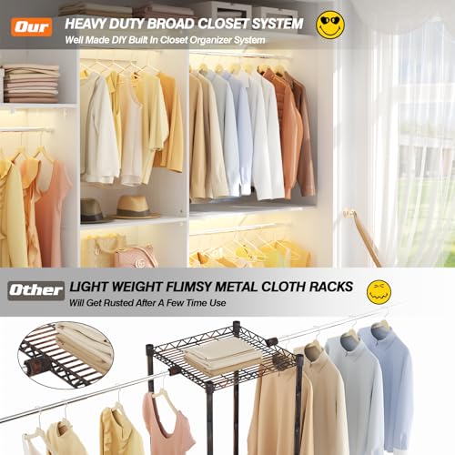 iSunirm 8FT Closet System with Shelves, 96'' Closet Organizer System with 3 Hanging Rods, Wall Mount Bedroom Wardrobe Walk-in Closet, Adjustable Cloth Garment Rack from 5 to 8FT (Cut to Fit), White - color: White