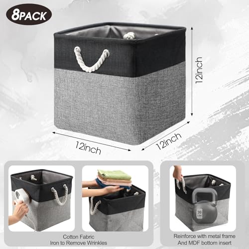 meekoo 8 Pack Collapsible Storage Bins Fabric Storage Bins Polyester Fabric Baskets with Handles Linen Closet Organizer for Shelf Home Closet Towels Toys(12 x 12 x 12in,Black Gray) - color: Black Gray, size: 12 x 12 x 12 In