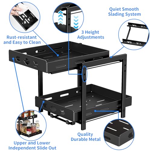 BOIVSHI Pull Out Spice Racks for Inside Cabinets, 2-Tier Cabinet Spice Rack, Height Adjustable Spice Rack Organizer for Cabinet, Kitchen Vertical Spice Rack (9.7''Wx10.8''Dx9.2''H, Metal Black) - size: 9.7''Wx10.8''Dx9.2''H,2 Tier