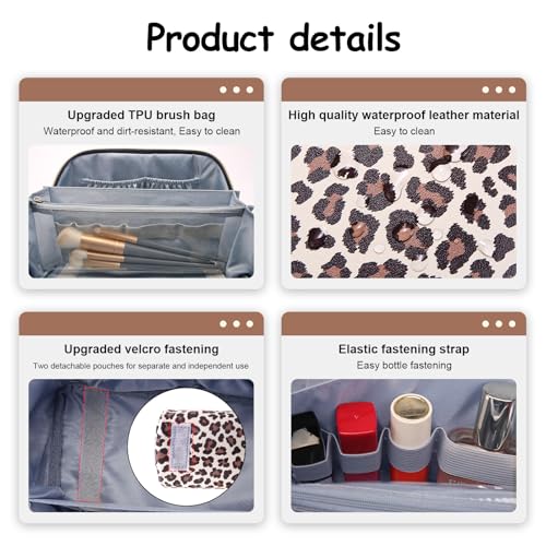 Travel Makeup Bags Organizer for Women: 3 Pcs Set Cosmetic Bag - Large Make up Bag with Compartments - Flat Open Waterproof Leather Toiletry Bags for Skincare, Brushes & Travel Essentials - Beige - color: 02-Beige