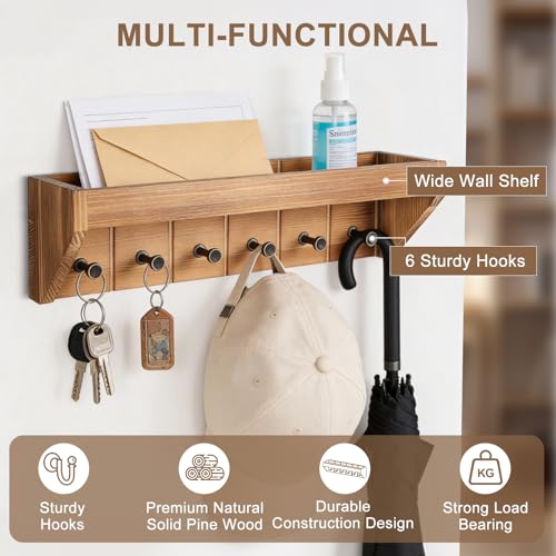 Key Holder for Wall with Mail Organizer - 12.8 Inch Wall Mounted Key Rack with 6 Key Hooks & Floating Shelf, Wooden Key Hanger for Entryway, Hallway, Kitchen, Farmhouse Home Decor (Brown)