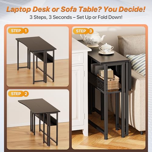 Huuger Folding Desk with Storage Shelf, 39.3 Inch Foldable Computer Table for Small Spaces, Space Saving Sofa Table for Couch, Writing Work Office Computer Desk, Easy to Fold, Black - color: Black, size: 18.5"D x 39.4"W