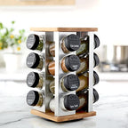 Kamenstein 16 Jar Warner Revolving Countertop Spice Rack Organizer with Lift & Pour Caps and Spices Included, FREE Spice Refills for 5 years, Stainless Steel & Bamboo with Black Caps - size: 16-Jar, style: 16-Jar Bamboo Revolving