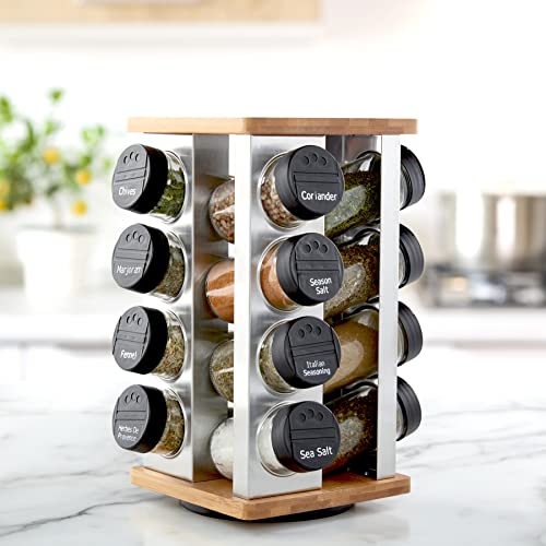 Kamenstein 16 Jar Warner Revolving Countertop Spice Rack Organizer with Lift & Pour Caps and Spices Included, FREE Spice Refills for 5 years, Stainless Steel & Bamboo with Black Caps - size: 16-Jar, style: 16-Jar Bamboo Revolving