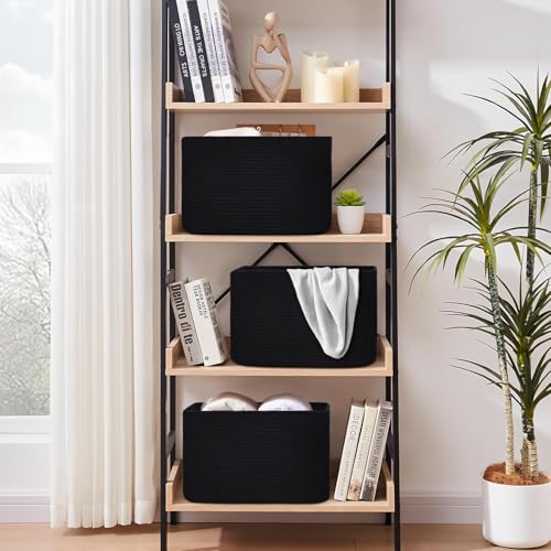 Baskets for Organizing,Storage Baskets,3 Pack Baskets for Shelfves,15"×10"×9" Woven Black Basket,toy storage bins,bins for organization - color: Black