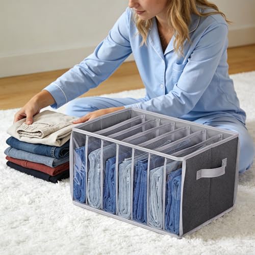 Zilink Upgraded Wardrobe Clothes Organizer with Support Board Clear Jean Organizer for Closet with 7 Grids Pants Organizer for Closet Shelf for Jean Pant Sweater Legging T-Shirt, 3 Pack - color: Black Pattern - For Jeans - 3pcs