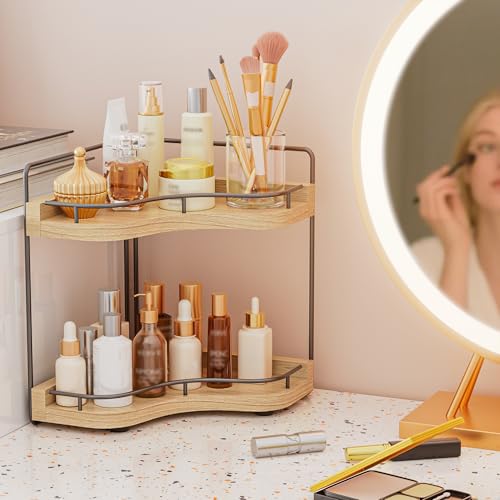 2-Tier Corner Bathroom Counter Organizer with Embedded Screw Holes, Secure & Stable Wood Vanity Shelf for Makeup and Skincare Essentials - Space Saving Bathroom Countertop Storage, ‎‎Light Walnut - color: ‎‎Light Walnut