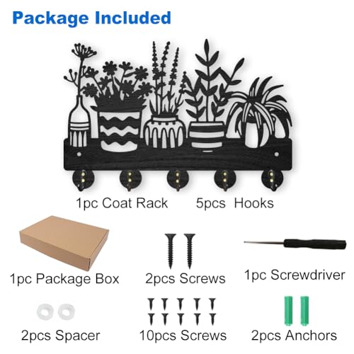 MAYJOYDIY Potted Plant Coat Hooks Wall Mount Wood Flower Pot Key Holder 11.87.9inch 5 Alloy Hooks Black Key Rack Organizer for Gift Wall Art Decor Florists Entryway Hallway Kitchen Room - color: Potted Plant