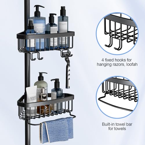 Corner Shower Caddy Tension Pole: Adjustable Rustproof 4-Tier Inside Bathroom Organizer - 47-121 inch Quick Installation Bathtub Shelves for Shampoo Storage - Rod Floor Standing Bath Rack - Black - color: Black