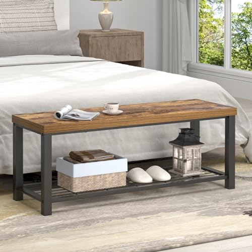 EXCEFUR Entryway Bench, Modern Wood and Metal Storage Bench for Hallway Front Door Entrance, Industrial Indoor Shoe Rack Bench Seat for Living Room Bedroom, 43.3 Inch Rustic Brown - color: Rustic Brown, size: 2-Tier