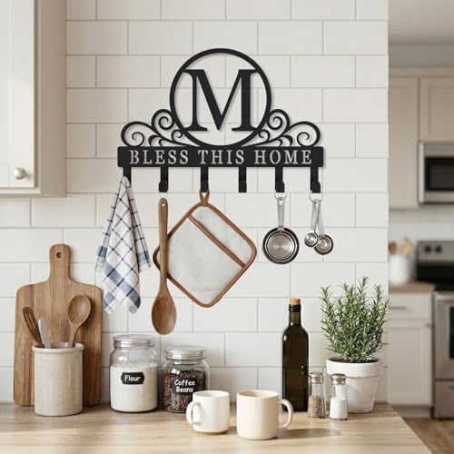 Metal Letter M Key Holder for Wall, Decorative Metal Key Holder Wall Mount, Key Hooks Coat Rack Monogram Wall Decor, Perfect for Bathroom, Living Room, Kitchen, Anniversary Housewarming Gift - style: M