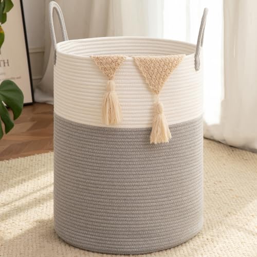 OIAHOMY Large Laundry Basket Hamper - 80L Cotton Rope Woven Basket for Blankets, Toys, Clothes - Tall Decorative Nursery Hamper with Long Handles, Grey/White - color: Grey/White, size: 80L