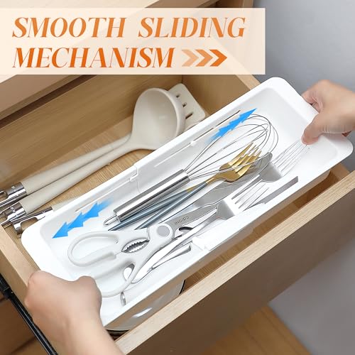 1 Pack Deep Drawer Organizer Bins, Sliding Drawer Organizer Bin Expandable and Adjustable Tray for Kitchen Utensils, Towels, BBQ Tools, Durable Plastic Sliding for Easy Storage (12.4-17.7") - size: 12.4-17.7"