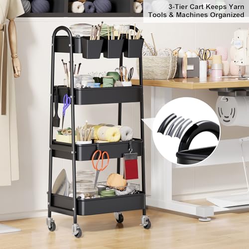 Black 4 Tier Rolling Cart Metal with Lockable Wheels, Four Tiered Tall Storage Rolling Cart on Wheels, Heavy Duty Utility Organizer Carts for Laundry, Kitchen, Dorm, Craft, Art, Snack,Mesh Basket,38in - color: Matte Black, size: 4 tier