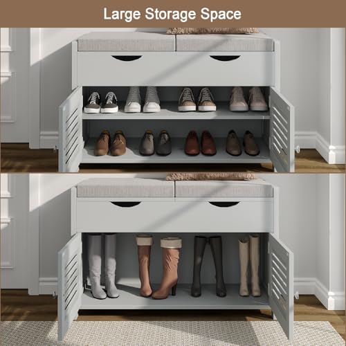 ChooChoo Shoe Storage Bench with Lift Top Storage, Entryway Bench with 2 Cushioned Seats, 3 Compartments, Adjustable Shelf, Shoe Cabinet for Entryway, Bedroom, Living Room, Grey - color: Grey, size: 13.78"D x 29.53"W x 19.69"H