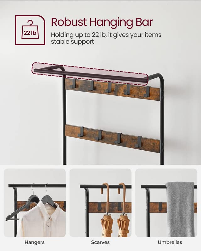 VASAGLE Coat Rack, Hall Tree with Shoe Bench for Entryway, Entryway Bench with Coat Rack, 4-in-1, with 9 Removable Hooks, a Hanging Rod, 13.3 x 28.3 x 72.1 Inches, Rustic Brown and Black UHSR40B - color: Rustic Brown + Black, size: 28.3"W