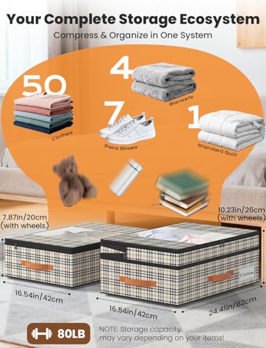 2-Pack Under Bed Storage with Wheels and 6 Vacuum Seal Bags, Adjustable Height 7.9"-10.2",Heavy Duty Capacity, Clear Lid Organizer for Dorm Bedroom Clothes Shoes Books,Quick Assembly Space Saver - color: Houndstooth, size: 10.2 inches