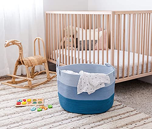 OrganiHaus Large Woven Storage Basket for Blankets and Toys 20" x 13" Inch, Rope Laundry Basket with Handles, Cushions & Pillows Storage Bin, Nursery Hamper, Soft Round Dog Toy Bin - Blue - color: 3-toned Blue, size: Wide