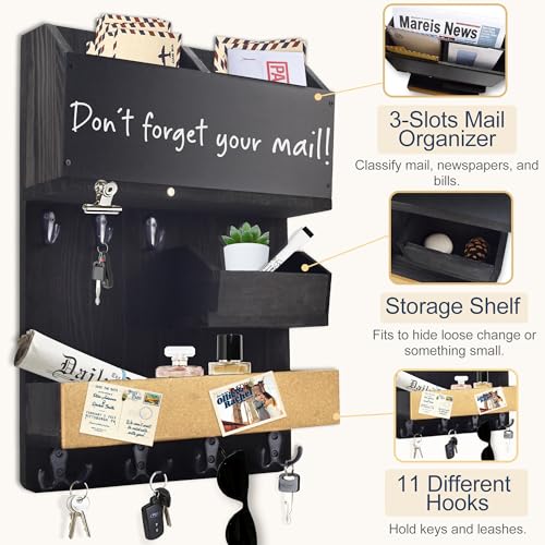 Mail Organizer Wall Mount，Key Holder Mail and Key Organizer for Wall with Shelf, Chalkboard, Corkboard, Home Decor for Room Office Entryway(Midnight Black) - color: Midnight Black, size: Vertical