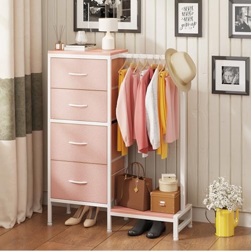 HIGDBFE Dresser with Hanging Rack, 4 Drawers Small Closet for Bedroom, Reversible Fabric Kids Chest of Drawers with Clothes Rack, Tall Storage Tower, Sturdy Frame, Pink, 44''H - color: Pink