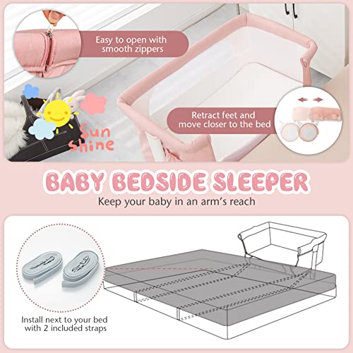 BABY JOY Bassinet Bedside Sleeper, 3 in 1 Folding Crib w/Adjustable Height, Mattress, Lockable Wheels, Storage Pocket & Carry Bag for Infant Newborn, Stationary & Rock, Portable Baby Bassinet (Pink) - color: Pink