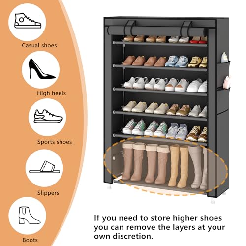 Laiensia 7-Tier Vertical Shoe Rack Organizer, Space Saving Shoe Storage Organizer, Non-Woven Cover Shoe Shelf Holds 28-35 Pairs for Bedroom, Hallway, Closet Entryway, Grey - color: Grey, size: 7-tier