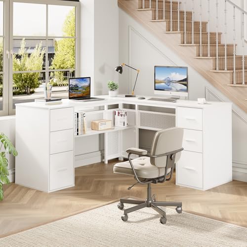 HSH White L Shaped Desk with Drawers Shelves, Large Home Office Corner Computer Desk with Storage File Cabinet, Modern Metal Wood Desk for Executive Writing Study Workstation, 59 Inch Bedroom Table - color: White Oak
