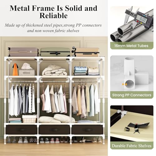 Portable Amories Closet Wardrobe with Non Woven Fabric Cover,59 Inch Large Metal Clothes Rack Storage Closet with 3 Hanging Rods,3 Drawers and 3 Storage Shelves,Brown,for Small Room - color: Brown