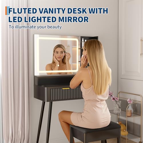 Garvee Fluted Vanity Desk with Mirror and Lights, 31 in Small Makeup Vanity Storage Cabinet & 2 Drawers, 3 Lighting Modes, Stylish Dressing Table for Bedroom - color: Deep Black