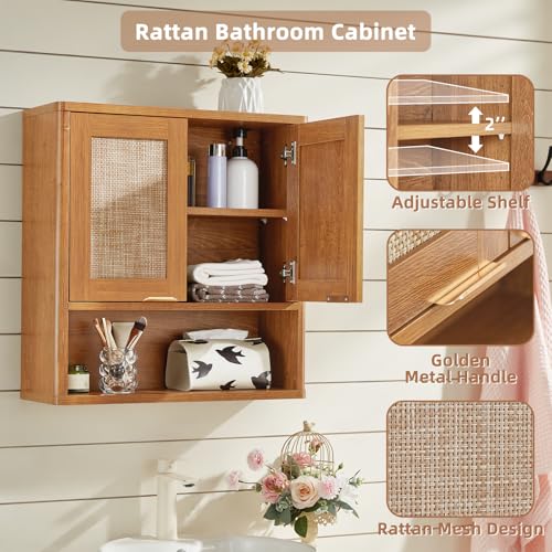 LEYAOYAO Rattan Bathroom Wall Cabinet, Boho Medicine Cabinet with Adjustable Shelf & Doors, Over The Toilet Storage Cabinets Organizer for Laundry Room, Kitchen, Living Room, Tea Brown - color: Teac, size: 7.7"D×23.5"W×24"H