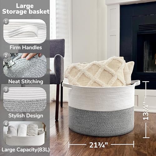 Goodpick Extra Large Rope Basket, 83L Blanket Basket Living Room, Baby Toy Storage, Woven Storage for Clothes, Big Toy Bin for Kids Organizer, 21.7 x 13.8 inches - color: Light Grey, size: 21.7x21.7x13.8 Inch (Pack of 1)