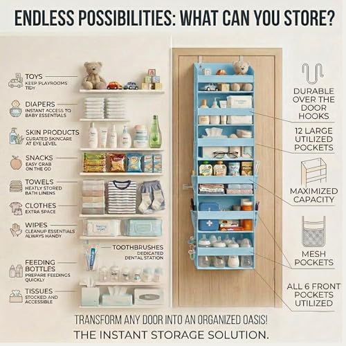 HOMELUX THEORY UPGRADED 6 Tiers Over The Door Organizer Hanging - 100D EXTRA THICK & 50lbs HUGE CAPACITY, 12 Side Mesh Pockets Over The Door Shoe Organizer, Hanging Closet Organizer (Baby Blue, 1pc) - color: 5. Baby Blue, size: Standard 1 set