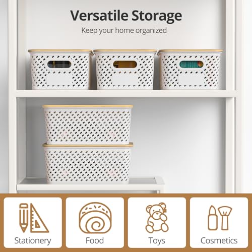 Plastic Storage Bins with Bamboo Lids, Stackable Small Box Baskets for Organizing and Containers for Shelves Drawers Desktop Closet Pantry Classroom Office Home, 6 Pack 10.2x7.2x4.1 Inch, White - color: White