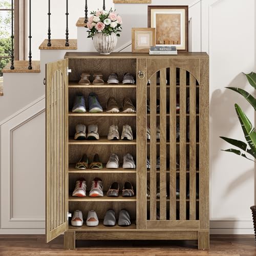Tribesigns Shoe Cabinet with Shutter Doors, 6-Tier Shoe Storage Cabinet, Entryway Shoe Rack Organizer with Adjustable Shelves for Living Room, Hallway, Natural Wood - color: Wood Color