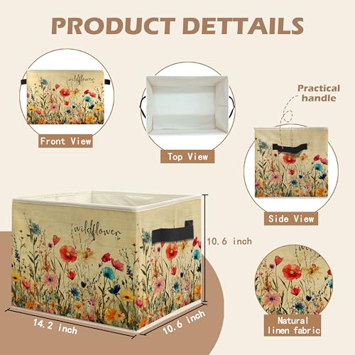 Vintage Wildflower Storage Bin Box with Handles, Rustic Cottagecore Floral Botanical Foldable Linen Fabric Laundry Basket for Home Bedroom Bathroom Clothes Toys Books - color: Floral-G