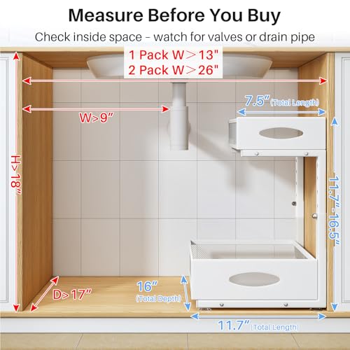 Under Sink Organizer, 2 Pack 2 Tier Pull Out Under Cabinet Organizer Shelf with Pad for Framed Cabinets, Metal Slide Out Under Sink Storage, Mesh Sliding Drawers for Kitchen Bathroom Laundry, White - color: White, size: 2-Pack