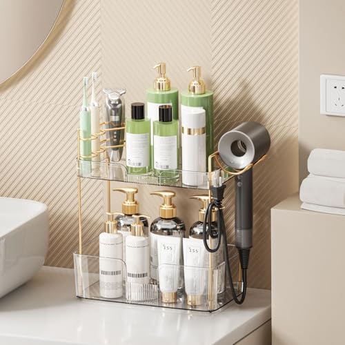 Bathroom Counter Organizer for Vanity, Makeup Organizer Countertop with Holder, Large Capacity Storage Rack, Perfect Large Skincare, Hair Care, Perfume, Easy to Install (Clear, 2Tiers) - color: Clear, size: 2 Tiers