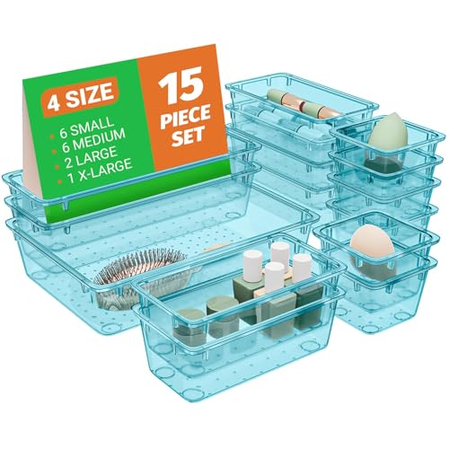 SpaceHacks 15 PCS Clear Plastic Drawer Organizer Set, 4-Size Acrylic Drawer Storage Trays, Storage Bins for Makeup, Gadgets, and Jewelry in Bathroom, Bedroom and Office, Clear Sea Blue - color: Sea Blue