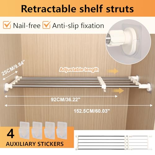 BAOYOUNI Expandable Closet Tension Shelf Adjustable Clothes Storage Rack Hanger Rod Organiser Ivory, 39.76-60.04 Inch - size: (39.76-60.04) IN