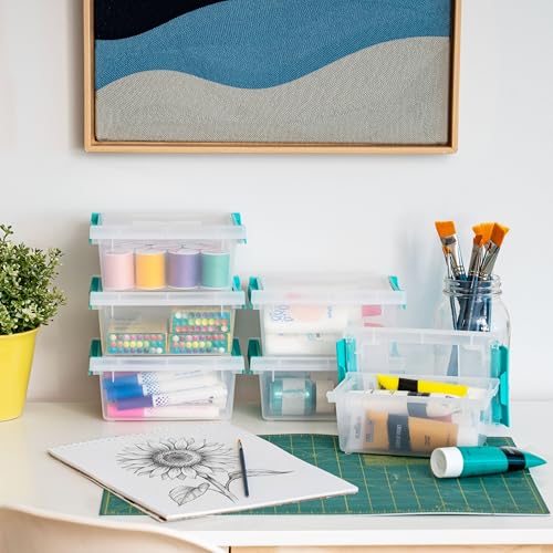 IRIS USA 1 Qt. Craft Storage Bins with Lids, 6-Pack, |Made in USA|, Clip Box, Small Plastic Sensory Bin Tote Organizer Containers for Art Supplies, Paper, & Office, Stackable - Clear/Seafoam Blue - size: 1 Qt. - 6 Pack